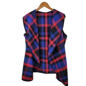 Etwo Vest Size Large Plaid Blue red Ruffle Tartan Flannel Womens open front